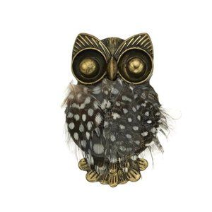 Antiqued Gold Tone Owl Pin Brooch with Feathers NEW